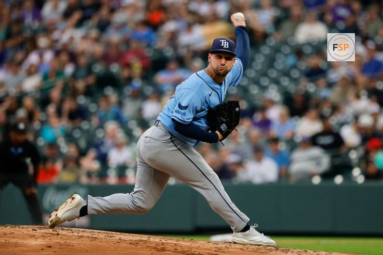 Aug 3, 2026; Denver, Colorado, USA; Tampa Bay Rays starting pitcher Ian Seymour (61) pitches in the first inning against the Colorado Rockies at Coors Field. Credit: Isaiah J. Downing-Imagn Images
