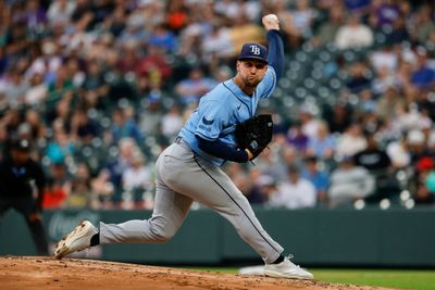 Aug 3, 2026; Denver, Colorado, USA; Tampa Bay Rays starting pitcher Ian Seymour (61) pitches in the first inning against the Colorado Rockies at Coors Field. Mandatory Credit: Isaiah J. Downing-Imagn Images