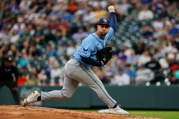 Aug 3, 2026; Denver, Colorado, USA; Tampa Bay Rays starting pitcher Ian Seymour (61) pitches in the first inning against the Colorado Rockies at Coors Field. Mandatory Credit: Isaiah J. Downing-Imagn Images