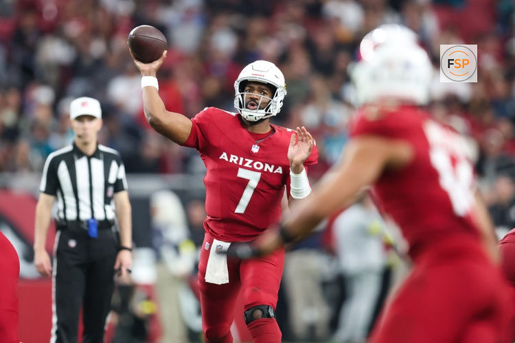Nov 23, 2025; Glendale, Arizona, USA; Arizona Cardinals quarterback Jacoby Brissett (7) throws a pass during the second quarter against the Jacksonville Jaguars at State Farm Stadium. Credit: Mark J. Rebilas-Imagn Images