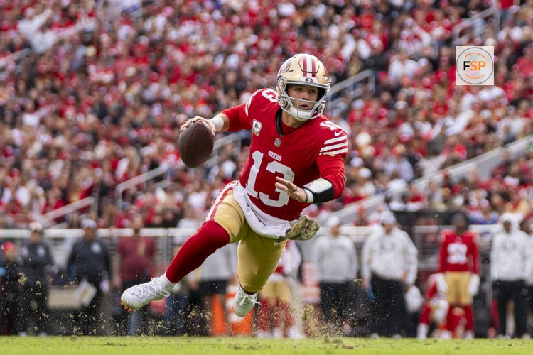 November 17, 2024; Santa Clara, California, USA; San Francisco 49ers quarterback Brock Purdy (13) runs the football against the Seattle Seahawks during the first quarter at Levi's Stadium. Credit: Kyle Terada-Imagn Images