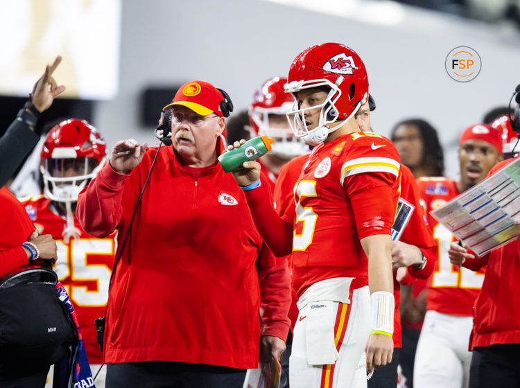 Feb 11, 2024; Paradise, Nevada, USA; Kansas City Chiefs head coach Andy Reid with quarterback Patrick Mahomes (15) against the San Francisco 49ers during Super Bowl LVIII at Allegiant Stadium. Credit: Mark J. Rebilas-USA TODAY Sports