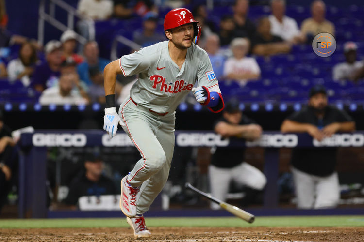 Sep 6, 2024; Miami, Florida, USA; Philadelphia Phillies shortstop Trea Turner (7) runs toward second base after hitting an RBI double against the Miami Marlins during the fifth inning at loanDepot Park. Credit: Sam Navarro-Imagn Images