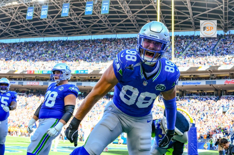 Oct 5, 2025; Seattle, Washington, USA; Seattle Seahawks tight end AJ Barner (88) reacts after catching a touchdown pass against the Tampa Bay Buccaneers during the second half at Lumen Field. Credit: Steven Bisig-Imagn Images