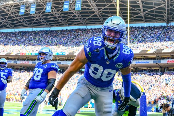 Oct 5, 2025; Seattle, Washington, USA; Seattle Seahawks tight end AJ Barner (88) reacts after catching a touchdown pass against the Tampa Bay Buccaneers during the second half at Lumen Field. Mandatory Credit: Steven Bisig-Imagn Images
