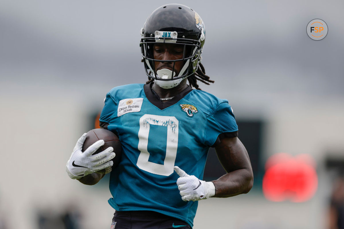 JACKSONVILLE, FL - JULY 31: Jacksonville Jaguars Wide Receiver Calvin Ridley (0) runs with the ball during Training Camp on July 31, 2023 at the Miller Electric Center in Jacksonville, Fl. (Photo by David Rosenblum/Icon Sportswire)