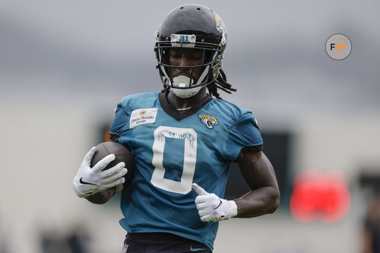 JACKSONVILLE, FL - JULY 31: Jacksonville Jaguars Wide Receiver Calvin Ridley (0) runs with the ball during Training Camp on July 31, 2023 at the Miller Electric Center in Jacksonville, Fl. (Photo by David Rosenblum/Icon Sportswire)