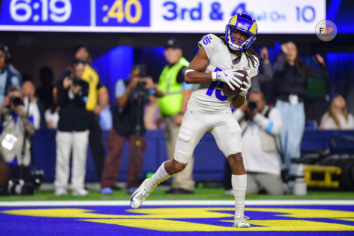 Oct. 24, 2024; Inglewood, California, USA; Los Angeles Rams wide receiver Demarcus Robinson (15) scores a touchdown against the Minnesota Vikings during the second half at SoFi Stadium. Photo credit: Gary A. Vasquez-Imagn Images