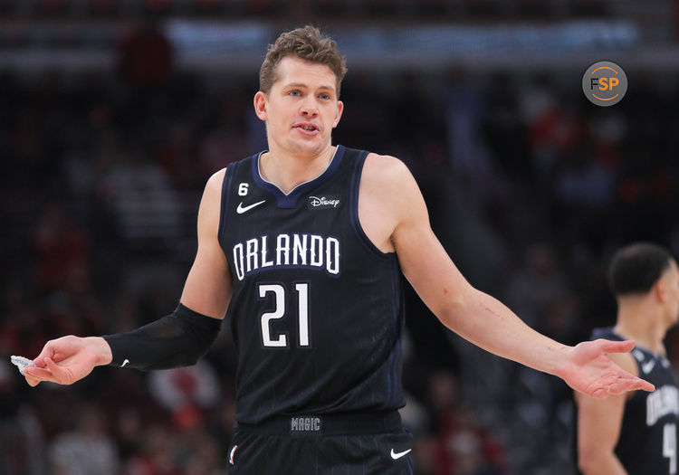 CHICAGO, IL - FEBRUARY 13: Orlando Magic Center Moritz Wagner (21) reacts to a call during a NBA game between the Orlando  Magic and the Chicago Bulls on February 13, 2023 at the United Center in Chicago, IL. (Photo by Melissa Tamez/Icon Sportswire)
