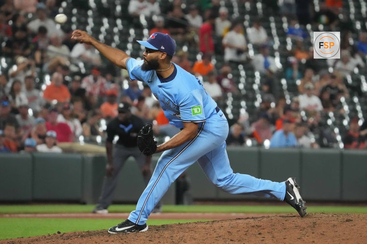 Jul 29, 2025; Baltimore, Maryland, USA; Toronto Blue Jays pitcher Seranthony Dominguez (48) pitches in the seventh inning after being acquired from the Baltimore Orioles in the middle of the doubleheader at Oriole Park at Camden Yards. Credit: Mitch Stringer-Imagn Images