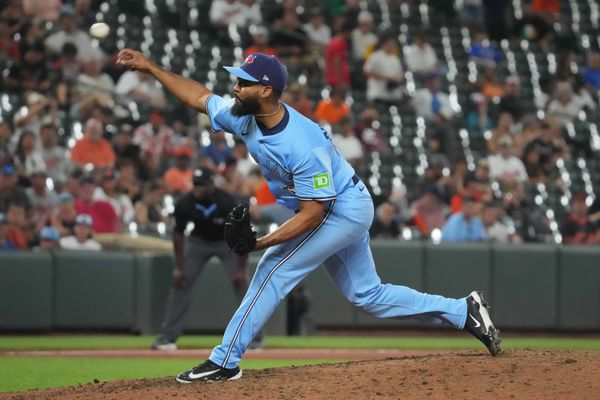 Jul 29, 2025; Baltimore, Maryland, USA; Toronto Blue Jays pitcher Seranthony Dominguez (48) pitches in the seventh inning after being acquired from the Baltimore Orioles in the middle of the doubleheader at Oriole Park at Camden Yards. Mandatory Credit: Mitch Stringer-Imagn Images