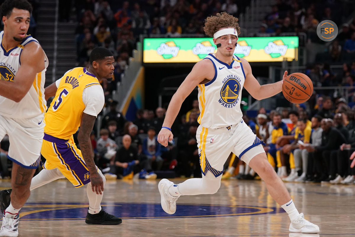 Oct 18, 2024; San Francisco, California, USA; Golden State Warriors guard Brandin Podziemski (2) dribbles the ball against the Los Angeles Lakers in the third quarter at the Chase Center. Credit: Cary Edmondson-Imagn Images
