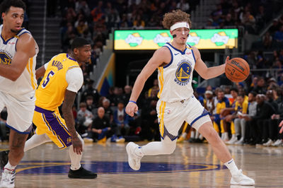 Oct 18, 2024; San Francisco, California, USA; Golden State Warriors guard Brandin Podziemski (2) dribbles the ball against the Los Angeles Lakers in the third quarter at the Chase Center. Mandatory Credit: Cary Edmondson-Imagn Images
