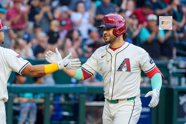 Apr 26, 2025; Phoenix, Arizona, USA;  Arizona Diamondbacks infielder Eugenio Suarez (28) after hitting a home run against the Atlanta Braves in the fourth inning at Chase Field. Credit: Allan Henry-Imagn Images