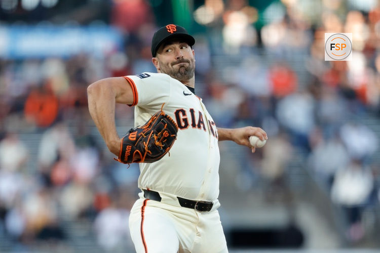 May 19, 2025; San Francisco, California, USA;  San Francisco Giants pitcher Robbie Ray (38) throws a pitch during the first inning against the Kansas City Royals at Oracle Park. Credit: Sergio Estrada-Imagn Images