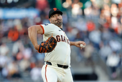 May 19, 2025; San Francisco, California, USA;  San Francisco Giants pitcher Robbie Ray (38) throws a pitch during the first inning against the Kansas City Royals at Oracle Park. Mandatory Credit: Sergio Estrada-Imagn Images