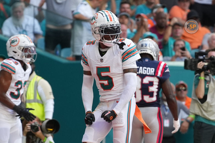 MIAMI GARDENS, FL - OCTOBER 29: Miami Dolphins cornerback Jalen Ramsey (5) celebrates a defended pass in the second half during the game between the New England Patriots and the Miami Dolphins on Sunday, October 29, 2023 at Hard Rock Stadium, Miami Gardens, Fla. (Photo by Peter Joneleit/Icon Sportswire)