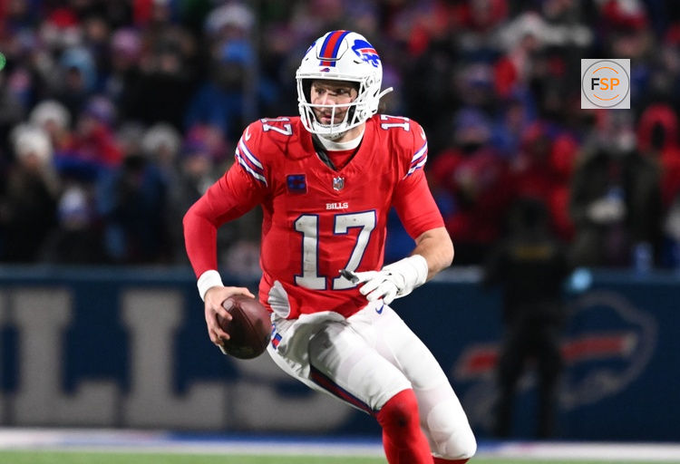 Dec 22, 2024; Orchard Park, New York, USA; Buffalo Bills quarterback Josh Allen (17) runs out of the pocket in the fourth quarter against the New England Patriots at Highmark Stadium. Credit: Mark Konezny-Imagn Images