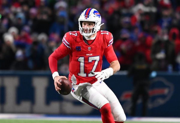 Dec 22, 2024; Orchard Park, New York, USA; Buffalo Bills quarterback Josh Allen (17) runs out of the pocket in the fourth quarter against the New England Patriots at Highmark Stadium. Mandatory Credit: Mark Konezny-Imagn Images
