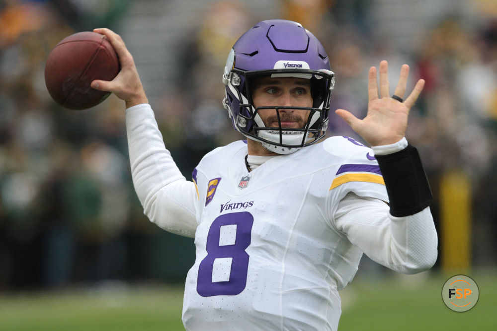 GREEN BAY, WI - OCTOBER 29: Minnesota Vikings quarterback Kirk Cousins (8) warms up during a game between the Green Bay Packers and the Minnesota Vikings on October 29, 2023 at Lambeau Field, in Green Bay, WI. (Photo by Larry Radloff/Icon Sportswire)