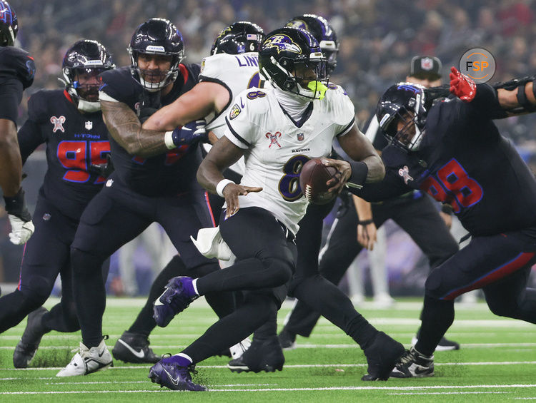 Dec 25, 2024; Houston, Texas, USA; Baltimore Ravens quarterback Lamar Jackson (8) rushes against the Houston Texans in the second half at NRG Stadium. Credit: Thomas Shea-Imagn Images