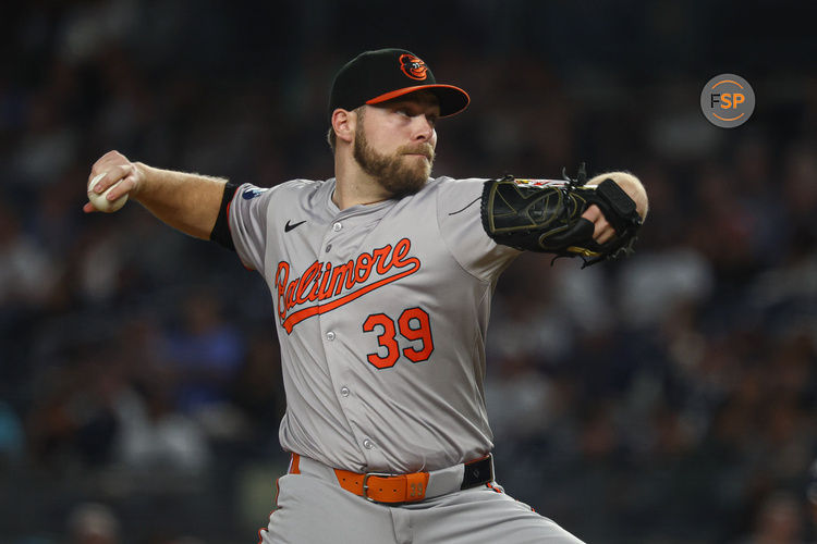 Sep 26, 2024; Bronx, New York, USA; Baltimore Orioles starting pitcher Corbin Burnes (39) delivers a pitch during the first inning against the New York Yankees at Yankee Stadium. Credit: Vincent Carchietta-Imagn Images