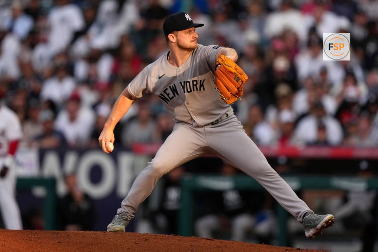 May 28, 2025; Anaheim, California, USA; New York Yankees starting pitcher Clarke Schmidt (36) throws in the first inning against the Los Angeles Angels at Angel Stadium. Credit: Kirby Lee-Imagn Images