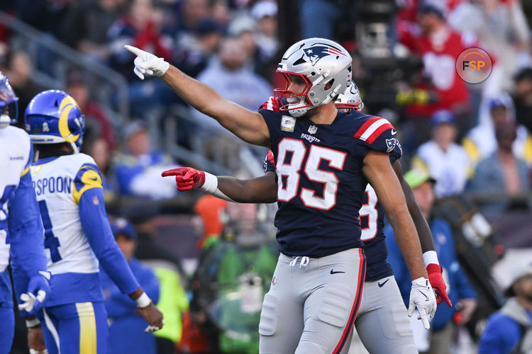 Nov 17, 2024; Foxborough, Massachusetts, USA; New England Patriots tight end Hunter Henry (85) reacts after a first down against the Los Angeles Rams during the first half at Gillette Stadium. Credit: Brian Fluharty-Imagn Images