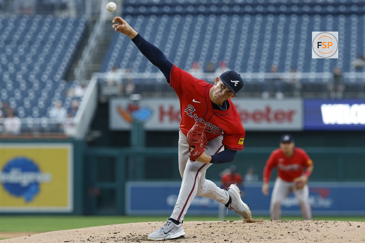 Sep 17, 2025; Washington, District of Columbia, USA; Atlanta Braves pitcher Hurston Waldrep (64) pitches against the Washington Nationals during the second inning at Nationals Park. Credit: Geoff Burke-Imagn Images