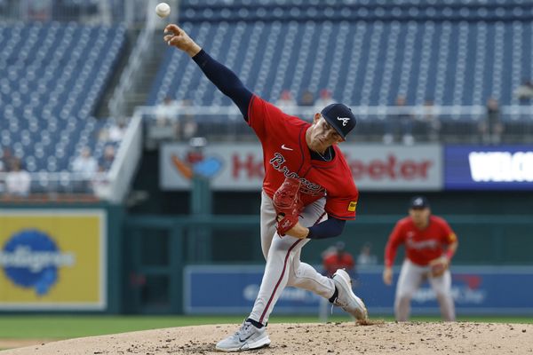 Sep 17, 2025; Washington, District of Columbia, USA; Atlanta Braves pitcher Hurston Waldrep (64) pitches against the Washington Nationals during the second inning at Nationals Park. Mandatory Credit: Geoff Burke-Imagn Images