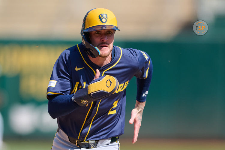 Aug 24, 2024; Oakland, California, USA; Milwaukee Brewers infielder Brice Turang (2) runs the bases against the Oakland Athletics during the ninth inning at Oakland-Alameda County Coliseum. Credit: Robert Edwards-USA TODAY Sports