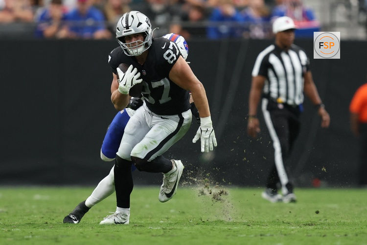 Oct 18, 2026; Paradise, Nevada, USA;  Las Vegas Raiders tight end Michael Mayer (87) catches a pass in the second quarter against the Buffalo Bills at Allegiant Stadium.  Credit: David Brytus-Imagn Images