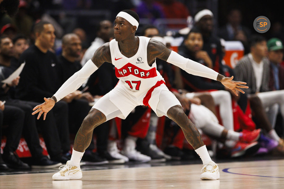 LOS ANGELES, CA - JANUARY 10: Toronto Raptors guard Dennis Schroder (17) defends during a NBA basketball game against the LA Clippers on January 10, 2024 at Crypto.com Arena in Los Angeles, CA. (Photo by Ric Tapia/Icon Sportswire)