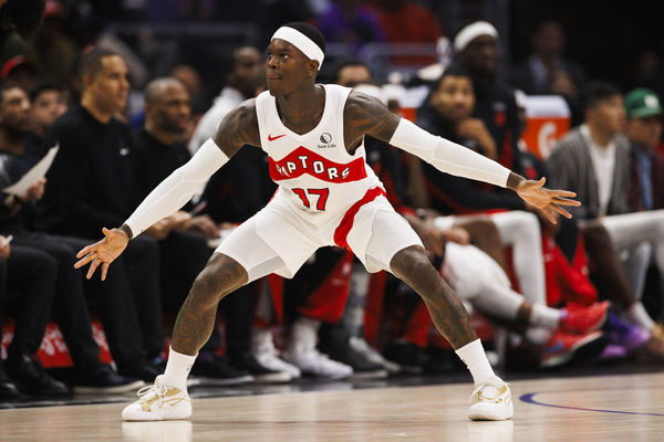 LOS ANGELES, CA - JANUARY 10: Toronto Raptors guard Dennis Schroder (17) defends during a NBA basketball game against the LA Clippers on January 10, 2024 at Crypto.com Arena in Los Angeles, CA. (Photo by Ric Tapia/Icon Sportswire)