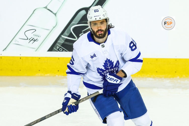 Oct 26, 2026; Calgary, Alberta, CAN; Toronto Maple Leafs right wing Kirill Marchenko (86) skates during the warmup period against the Calgary Flames at Scotiabank Saddledome. Credit: Sergei Belski-Imagn Images
