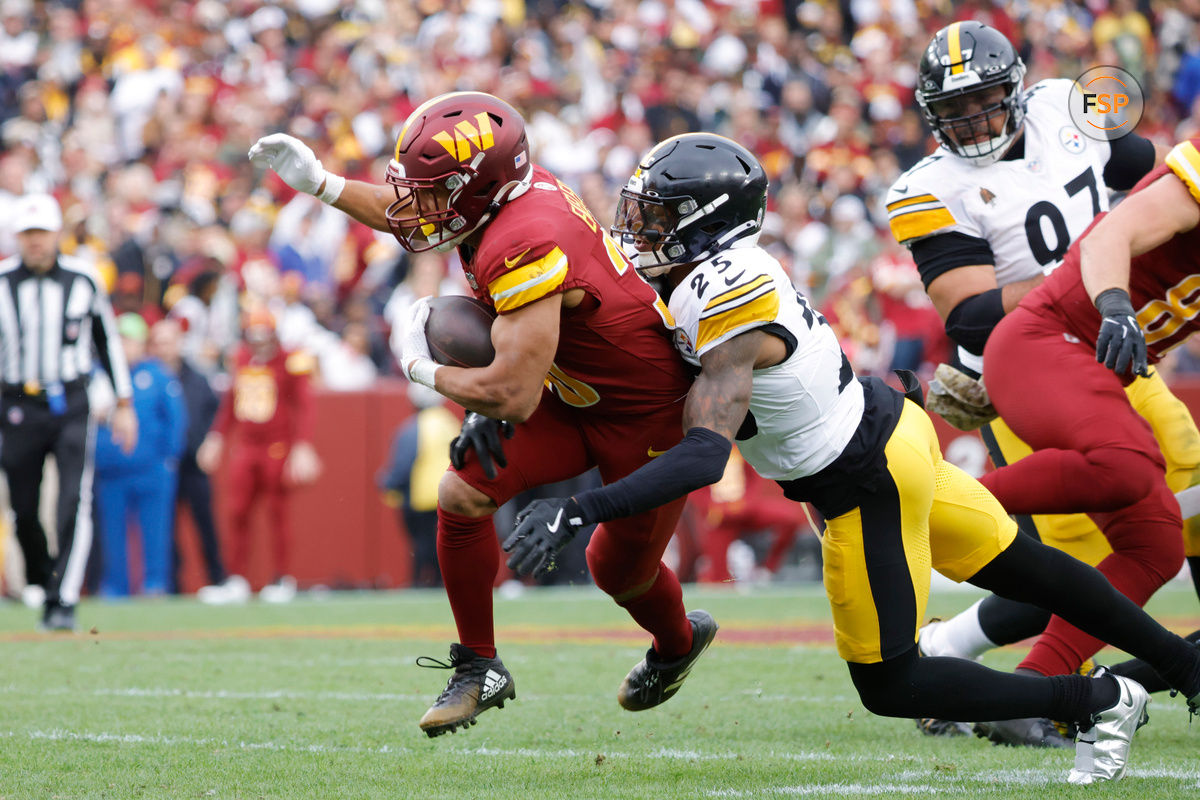 Nov 10, 2024; Landover, Maryland, USA; Washington Commanders running back Austin Ekeler (30) carries the ball as Pittsburgh Steelers linebacker Elandon Roberts (50) tackles during the first half at Northwest Stadium. Credit: Amber Searls-Imagn Images