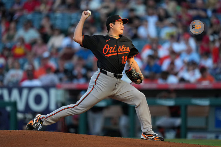 May 9, 2025; Anaheim, California, USA; Baltimore Orioles starting pitcher Tomoyuki Sugano (19) throws in the first inning against the Los Angeles Angels at Angel Stadium. Credit: Kirby Lee-Imagn Images