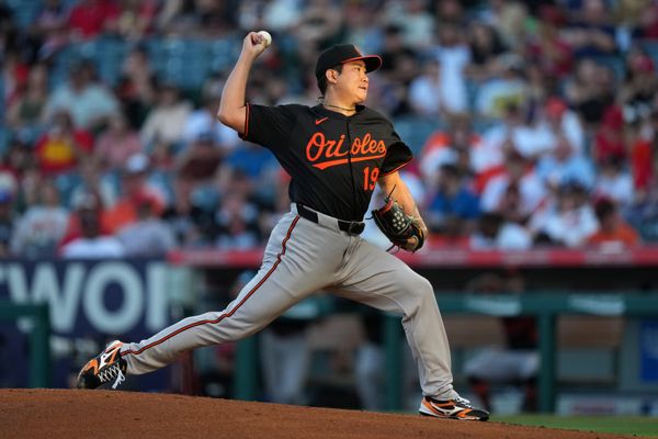May 9, 2025; Anaheim, California, USA; Baltimore Orioles starting pitcher Tomoyuki Sugano (19) throws in the first inning against the Los Angeles Angels at Angel Stadium. Mandatory Credit: Kirby Lee-Imagn Images