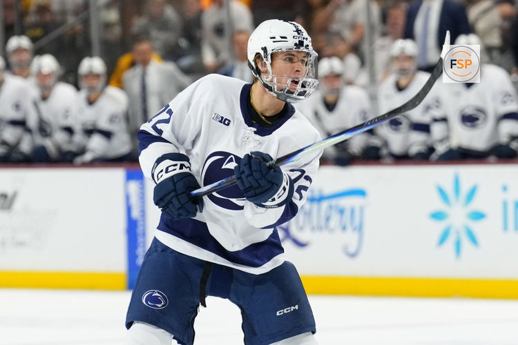 Oct 3, 2025; Tempe, AZ, USA; Penn State Nittany Lions forward Gavin McKenna (72) in action against the Arizona State Sun Devils during the third period at Mullett Arena. Credit: Joe Camporeale-Imagn Images