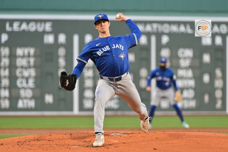 Apr 8, 2025; Boston, Massachusetts, USA; Toronto Blue Jays starting pitcher Easton Lucas (62) pitches against the Boston Red Sox during the first inning at Fenway Park. Credit: Eric Canha-Imagn Images