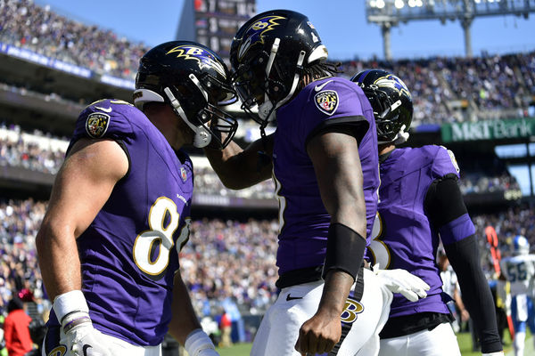 BALTIMORE, MD - OCTOBER 22: Ravens tight end Mark Andrews (89) celebrates with quarterback Lamar Jackson (8) after his second quarter touchdown during the Detroit Lions versus Baltimore Ravens NFL game at M&T Bank Stadium on October 22, 2023 in Baltimore, MD. (Photo by Randy Litzinger/Icon Sportswire)