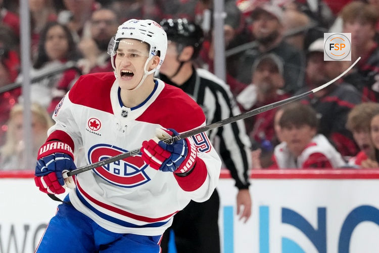 May 21, 2026; Raleigh, North Carolina, USA; Montreal Canadiens right wing Ivan Demidov (93) reacts during the third period against the Carolina Hurricanes in game one of the Eastern Conferene Final of the 2026 Stanley Cup Playoffs at Lenovo Center. Credit: James Guillory-Imagn Images