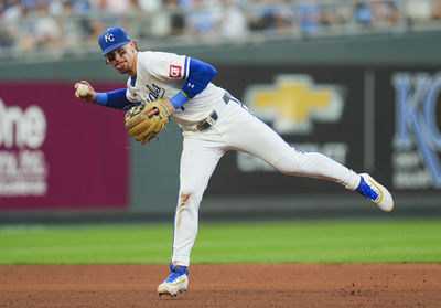 Aug 24, 2024; Kansas City, Missouri, USA; Kansas City Royals shortstop Bobby Witt Jr. (7) throws to first base during the fifth inning against the Philadelphia Phillies at Kauffman Stadium. Mandatory Credit: Jay Biggerstaff-Imagn Images