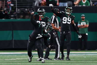 Oct 31, 2024; East Rutherford, New Jersey, USA; New York Jets defensive end Haason Reddick (7) celebrates a sack against the Houston Texans during the second half at MetLife Stadium. Mandatory Credit: Ed Mulholland-Imagn Images