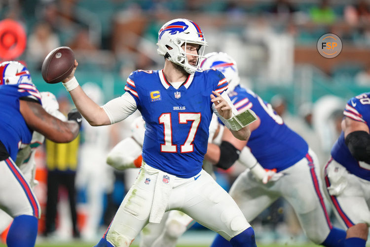 MIAMI GARDENS, FL - JANUARY 07: Buffalo Bills quarterback Josh Allen (17) makes a pass attempt during the game between the Buffalo Bills and the Miami Dolphins on Sunday, January 7, 2024 at Hard Rock Stadium, Miami Gardens, Fla. (Photo by Peter Joneleit/Icon Sportswire)