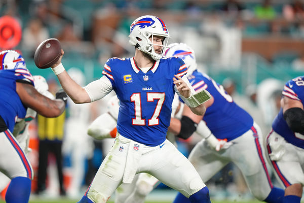 MIAMI GARDENS, FL - JANUARY 07: Buffalo Bills quarterback Josh Allen (17) makes a pass attempt during the game between the Buffalo Bills and the Miami Dolphins on Sunday, January 7, 2024 at Hard Rock Stadium, Miami Gardens, Fla. (Photo by Peter Joneleit/Icon Sportswire)