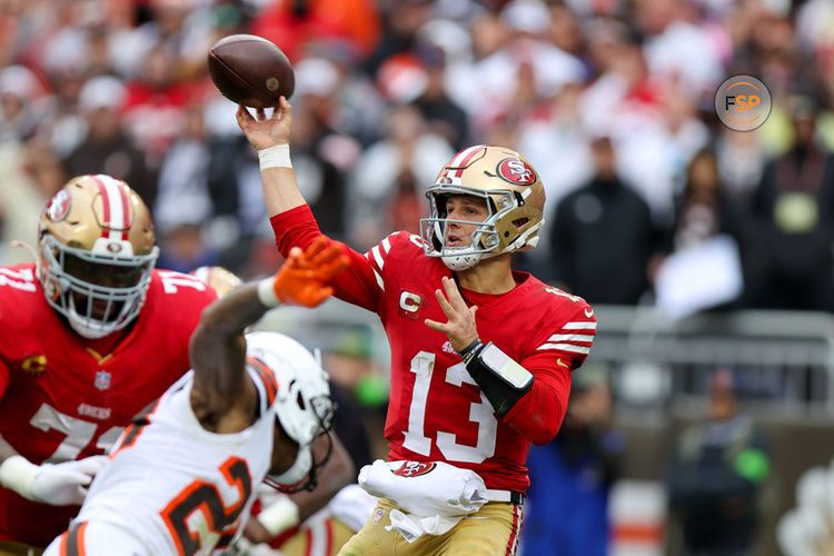 CLEVELAND, OH - OCTOBER 15: San Francisco 49ers quarterback Brock Purdy (13) throws under pressure during the fourth quarter of the National Football League game between the San Francisco 49ers and Cleveland Browns on October 15, 2023, at Cleveland Browns Stadium in Cleveland, OH. (Photo by Frank Jansky/Icon Sportswire)