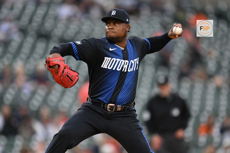 May 18, 2026; Detroit, Michigan, USA; Detroit Tigers starting pitcher Framber Valdez (59) throws a pitch against the Cleveland Guardians in the first inning at Comerica Park. Credit: Lon Horwedel-Imagn Images