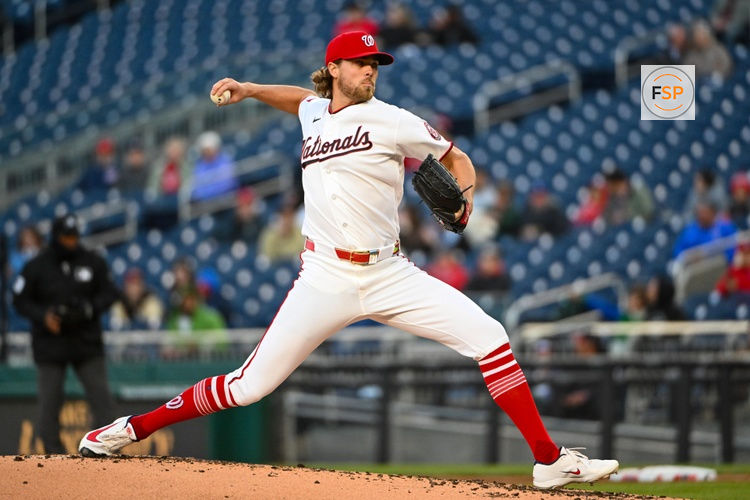 Apr 20, 2026; Washington, District of Columbia, USA; Washington Nationals pitcher Jake Irvin (27) throws to the Atlanta Braves during the second inning at Nationals Park. Credit: Brad Mills-Imagn Images