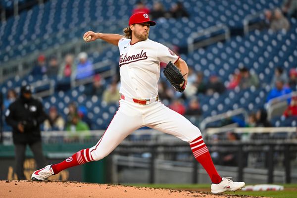 Apr 20, 2026; Washington, District of Columbia, USA; Washington Nationals pitcher Jake Irvin (27) throws to the Atlanta Braves during the second inning at Nationals Park. Mandatory Credit: Brad Mills-Imagn Images